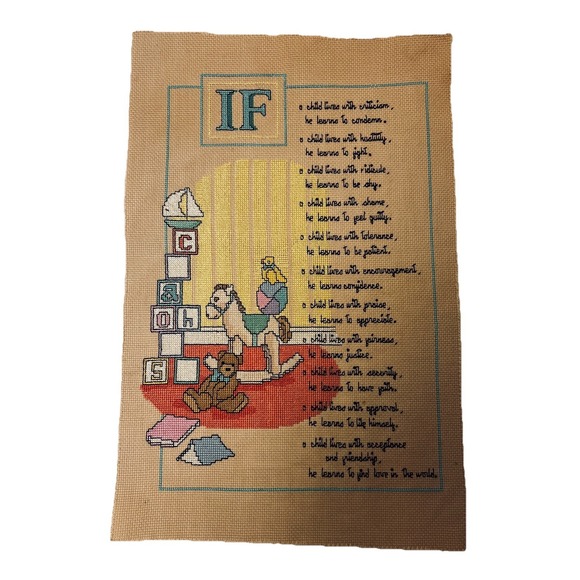 The Unbranded Brand Other - VTG Children Learn What They Live Cross Stitch Unframed Finished Nursery Art 80s